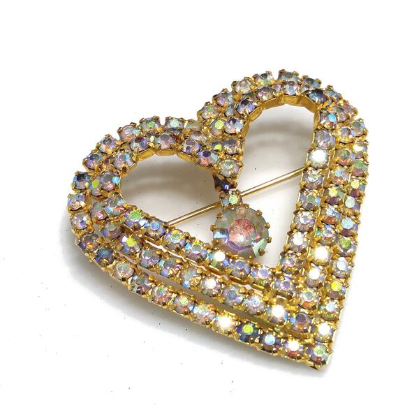 Aurora Borealis Heart Brooch, AB Rhinestone Dangle, 1960s Vintage Jewelry - Picture 7 of 10
